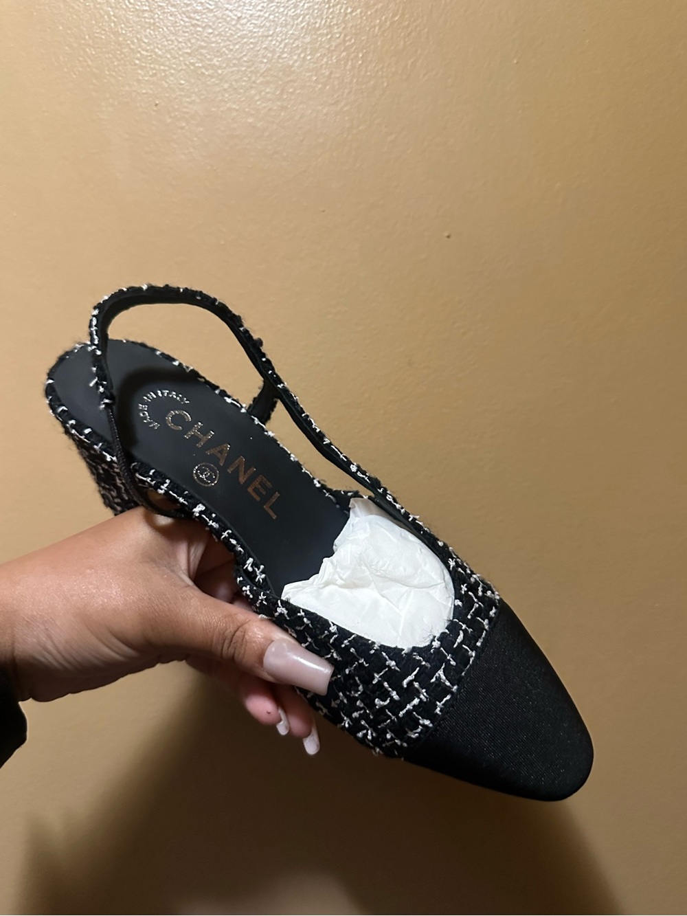 CHANEL Black & White Tweed Slingback Flat